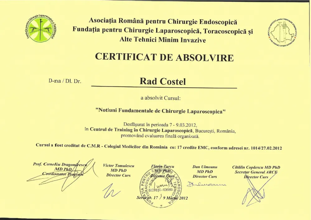 Certificat de absolvire — chirurgie laparoscopică